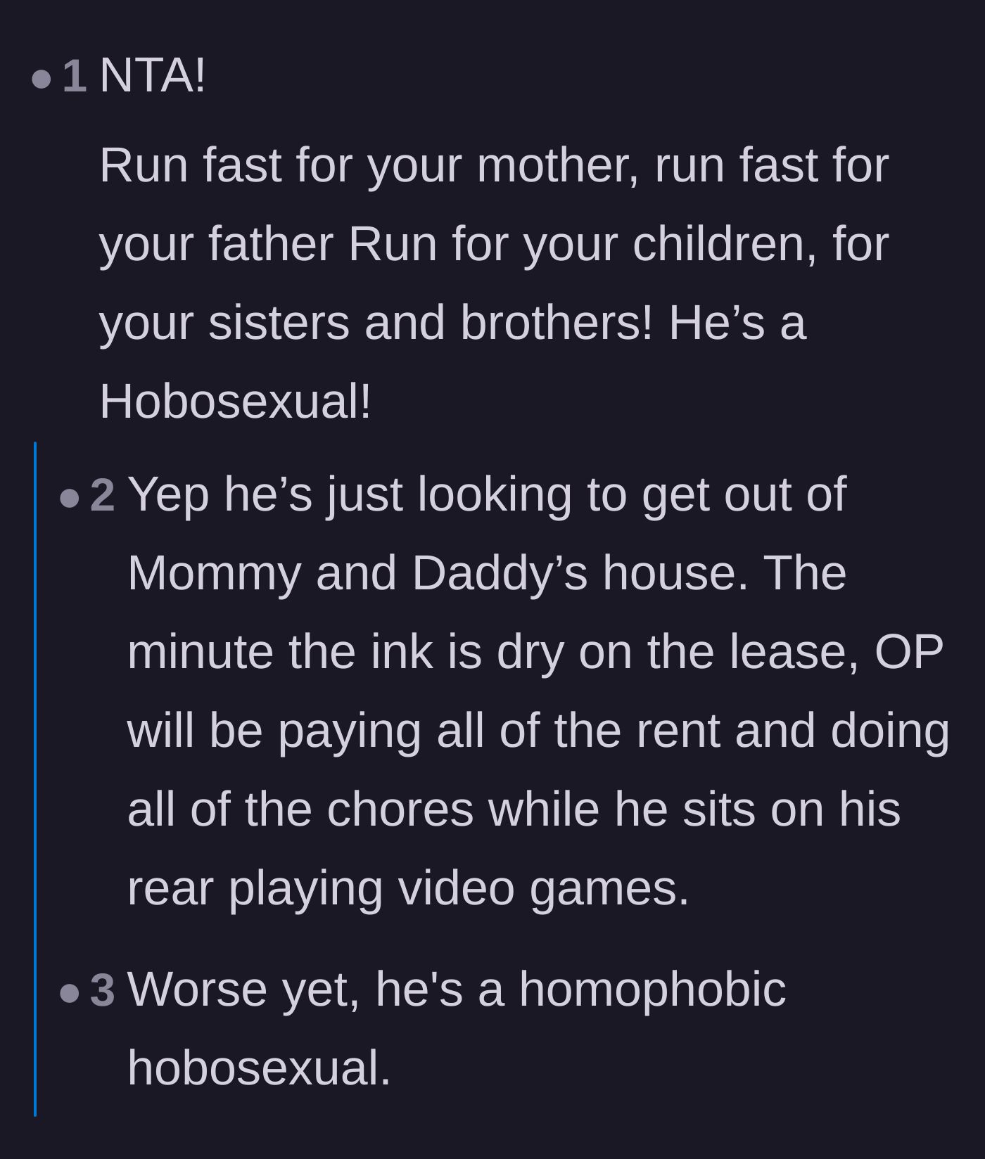 Comment thread 4 - People jokingly singing warnings to run away from the homophobic hobosexual.