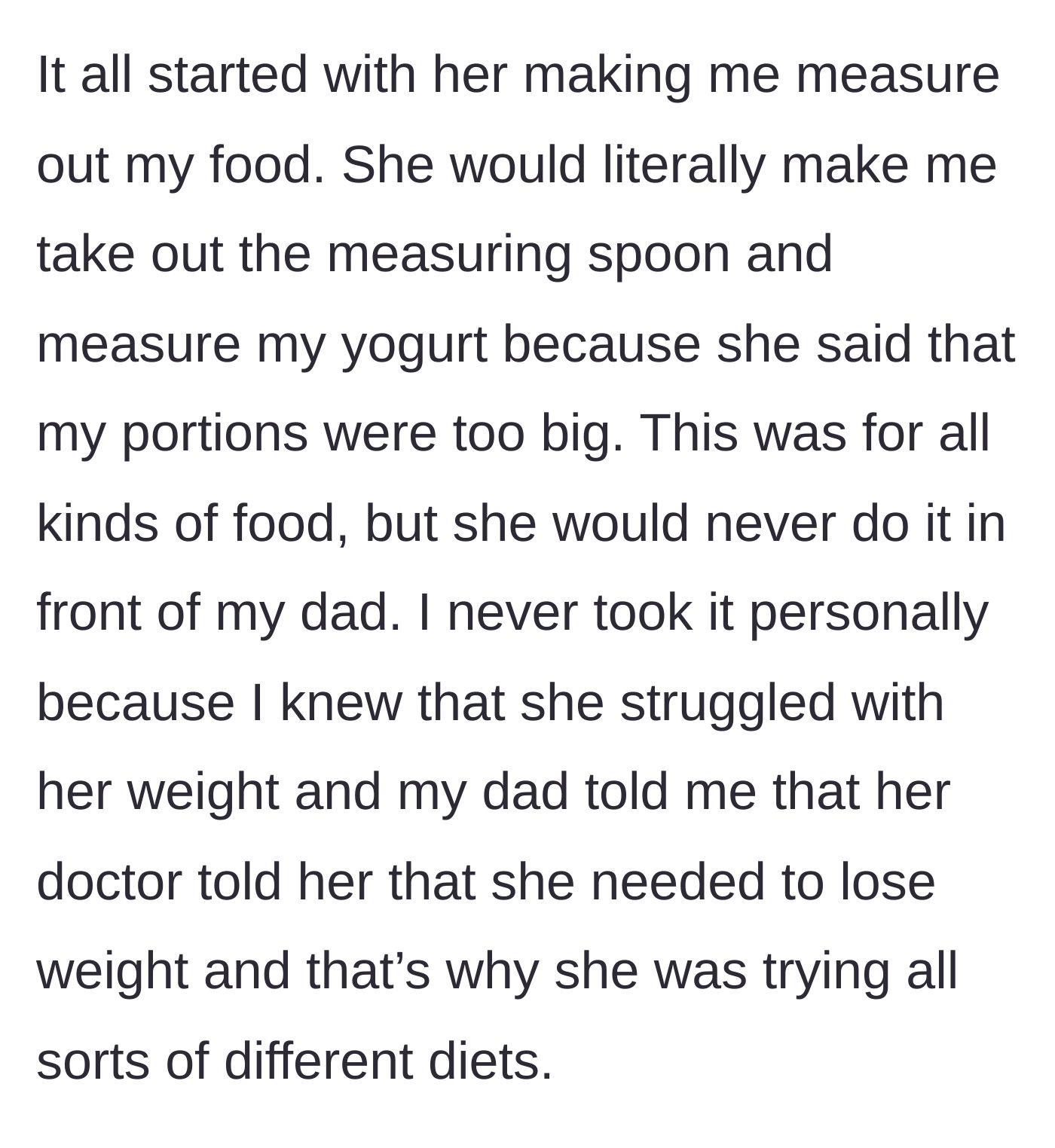 Story part 2 - Stepmother forcing her teenage stepdaughter to strictly measure food portions, hiding this behavior from the father.