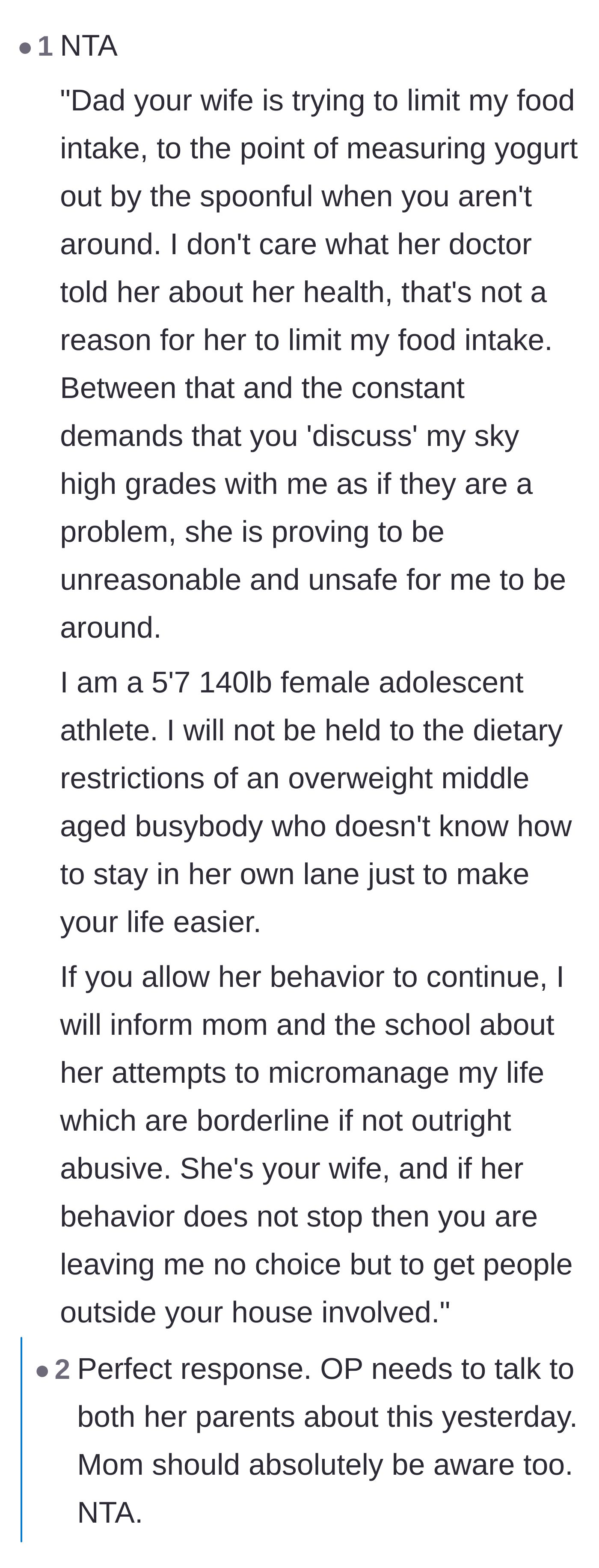 Comment thread 1 - A drafted script for the teenager to confront her father about the stepmother's unsafe behavior.