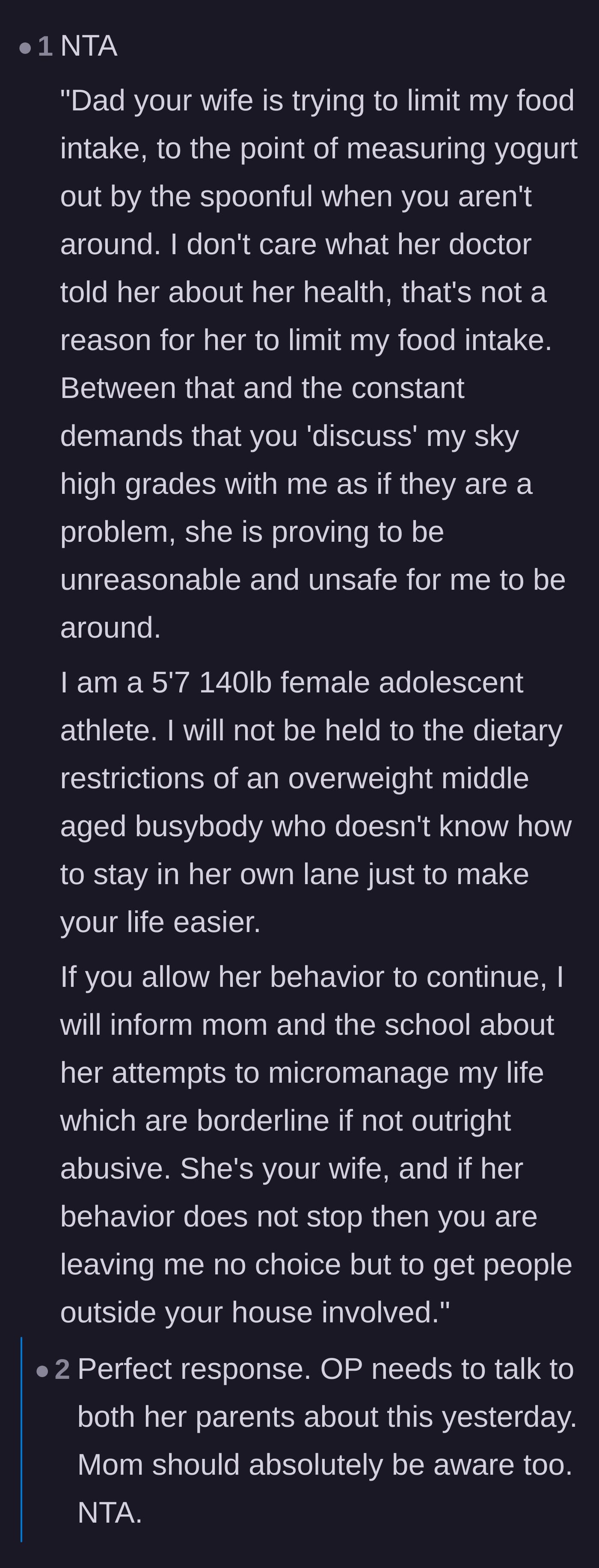 Comment thread 1 - A drafted script for the teenager to confront her father about the stepmother's unsafe behavior.