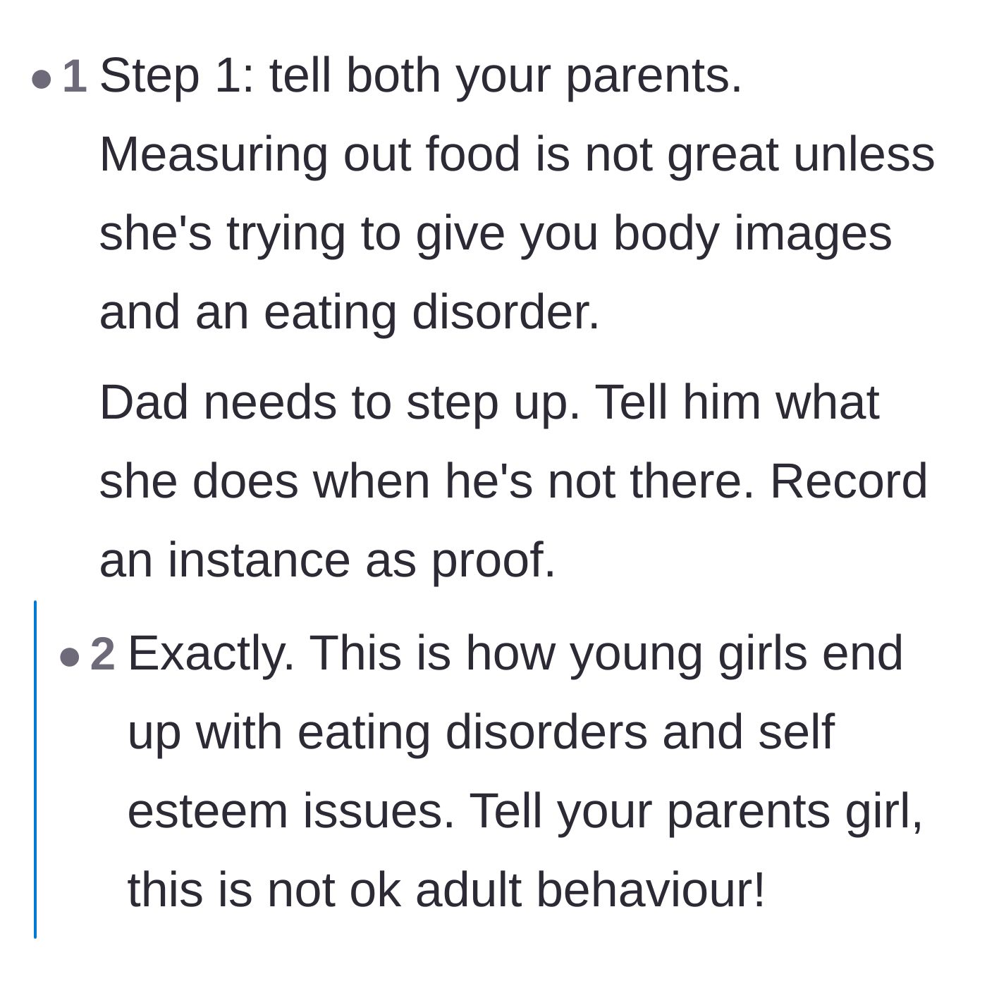 Comment thread 2 - Advice warning about the risk of eating disorders and urging the teen to record the stepmother's actions.
