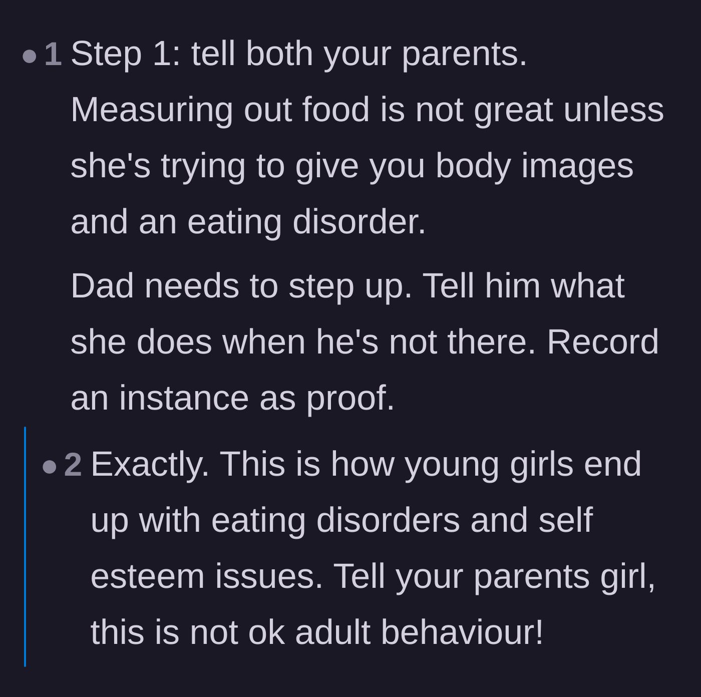 Comment thread 2 - Advice warning about the risk of eating disorders and urging the teen to record the stepmother's actions.