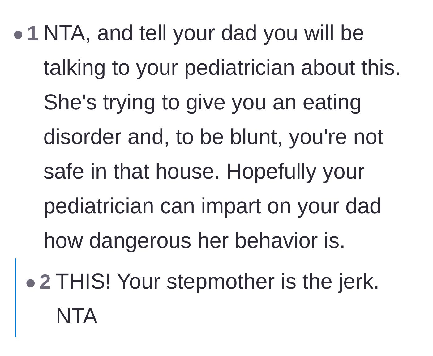 Comment thread 3 - Suggestion to involve a pediatrician to explain the dangers of the stepmother's food policing to the father.