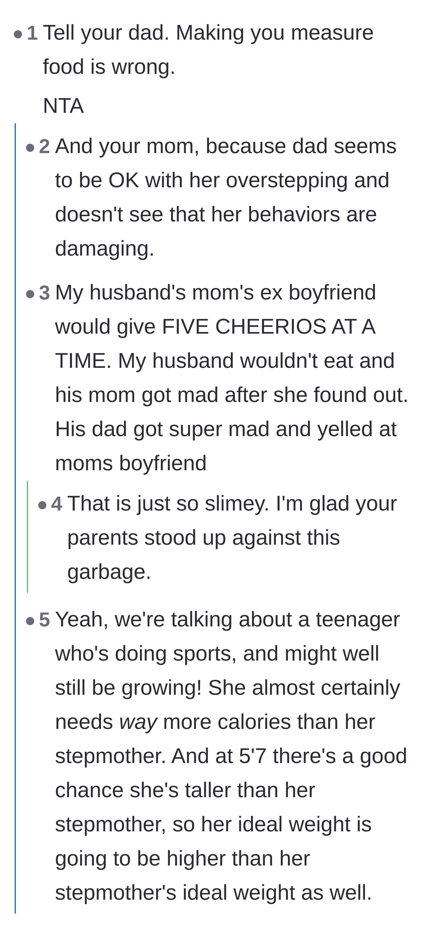 Comment thread 5 - Discussion about how a growing, athletic teenager requires significantly more calories than her stepmother.