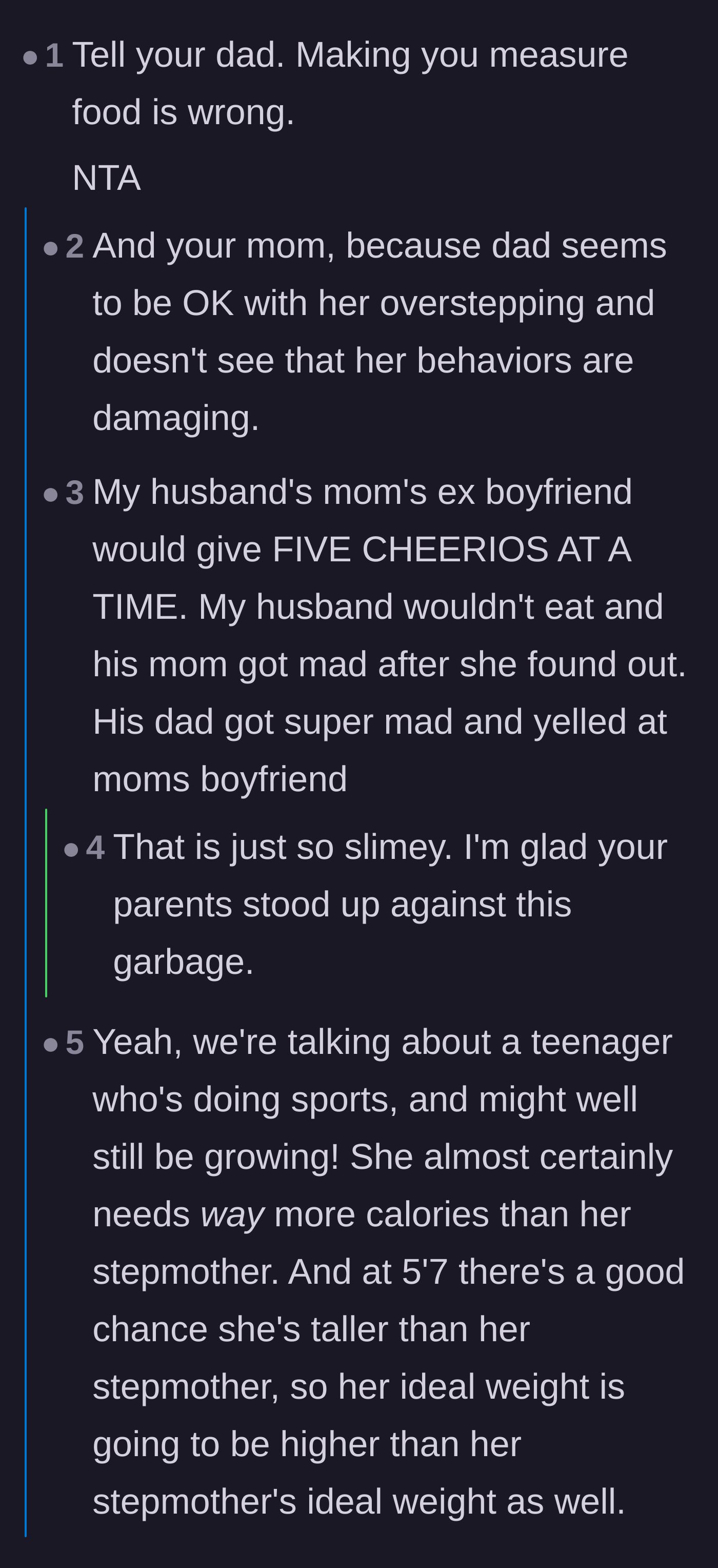 Comment thread 5 - Discussion about how a growing, athletic teenager requires significantly more calories than her stepmother.