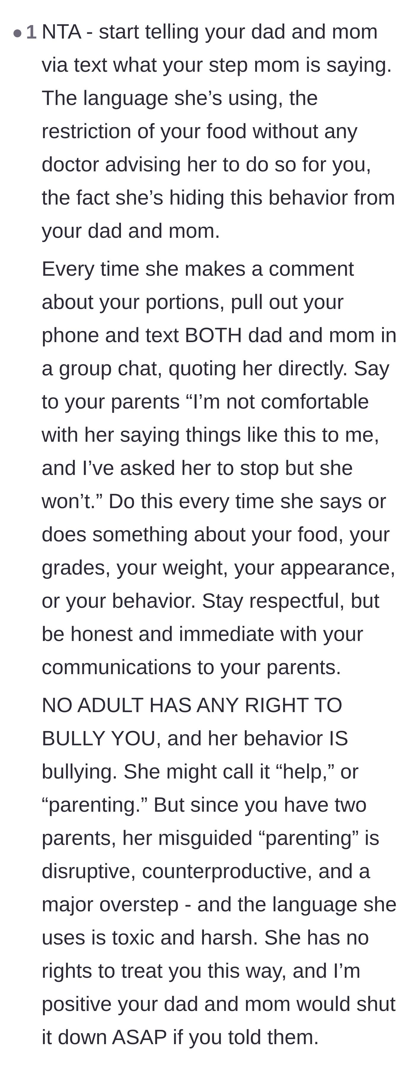 Comment thread 6 - A strategy for the teenager to text both biological parents in a group chat every time the stepmother crosses a line.
