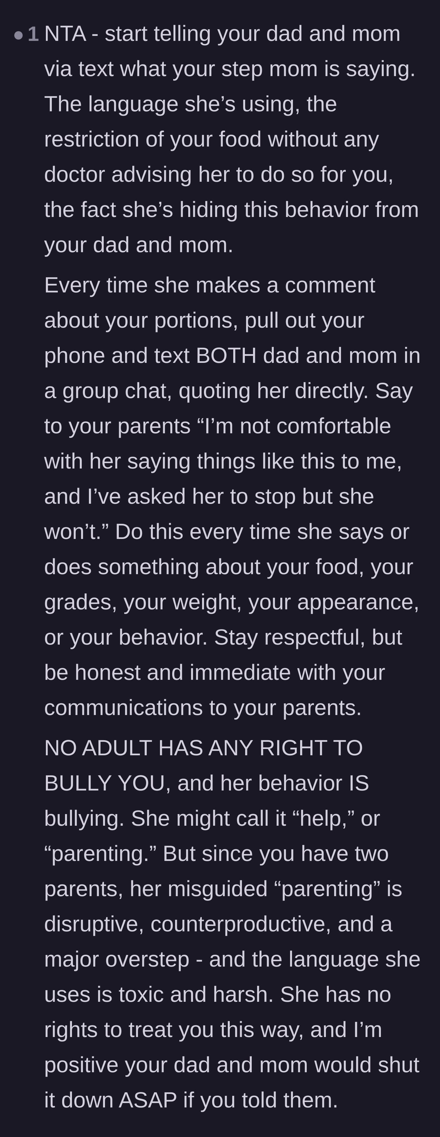 Comment thread 6 - A strategy for the teenager to text both biological parents in a group chat every time the stepmother crosses a line.