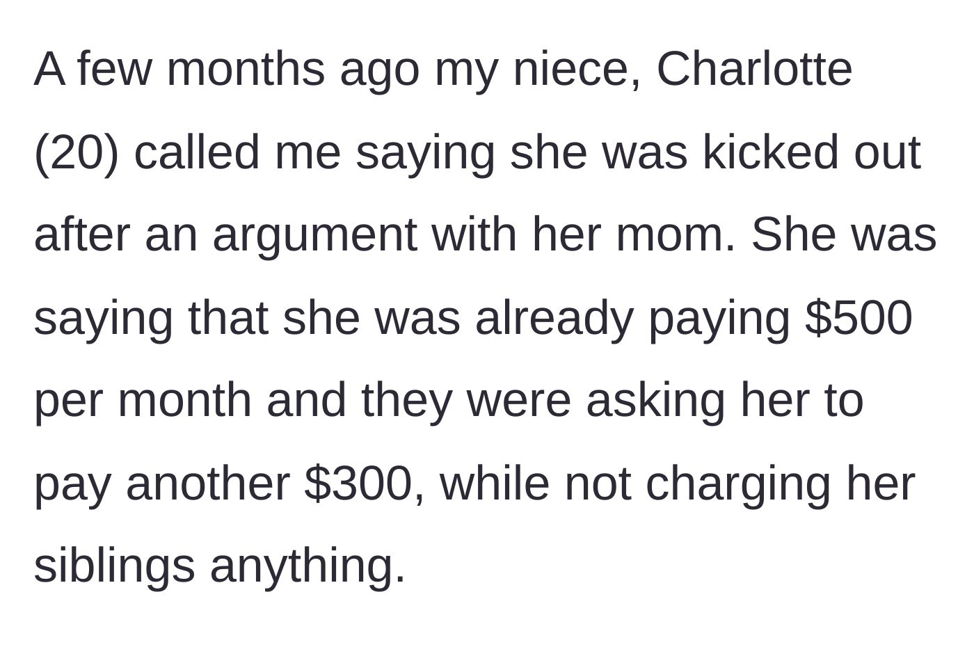 Story part 1 - A frustrated 20-year-old niece calls her uncle after being kicked out over an $800 rent demand while her siblings pay nothing.