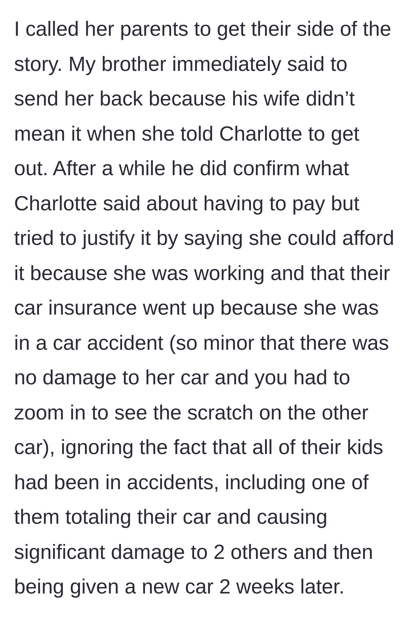 Story part 2 - The uncle calls the brother to verify the story, uncovering absurd double standards regarding car accidents and rent.