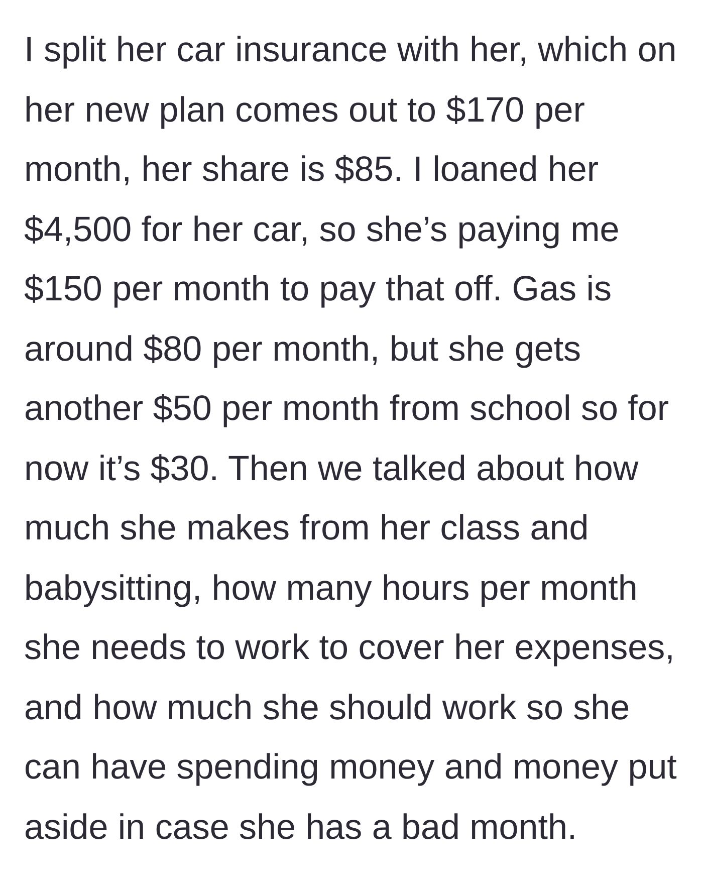 Story part 5 - The uncle and niece break down her monthly expenses, including a car loan and insurance, creating a realistic budget.