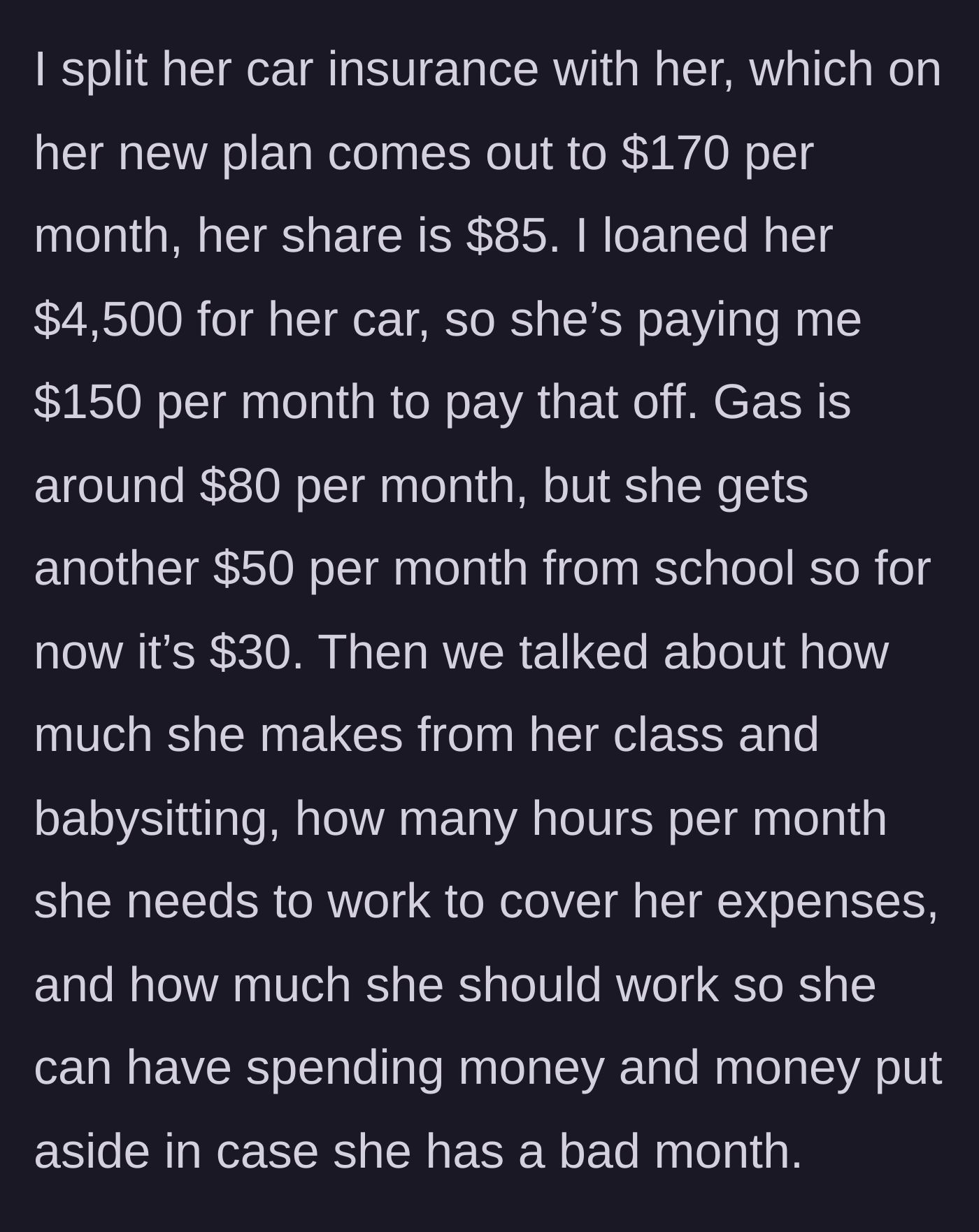 Story part 5 - The uncle and niece break down her monthly expenses, including a car loan and insurance, creating a realistic budget.