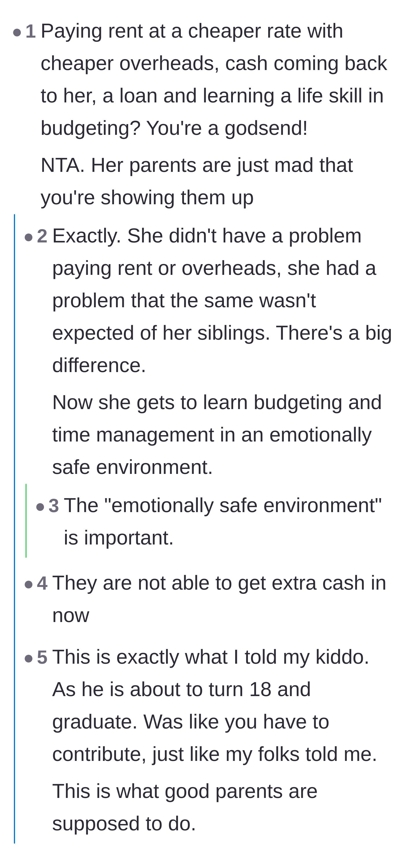 Comment thread 1 - Readers discussing the importance of an emotionally safe environment for learning financial skills instead of extortion.