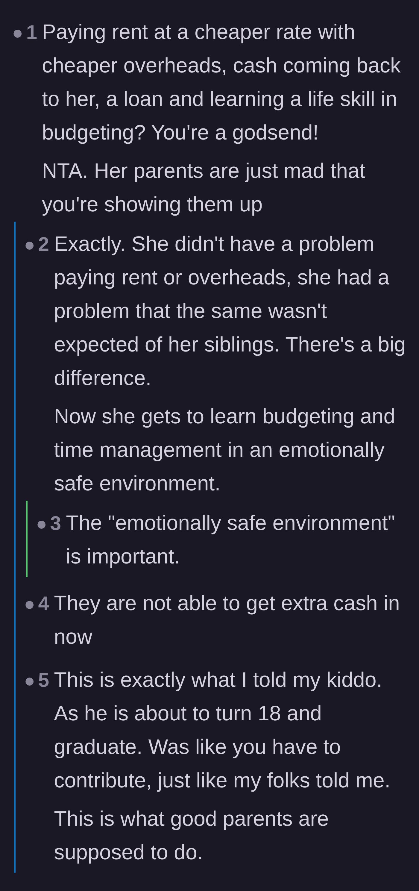 Comment thread 1 - Readers discussing the importance of an emotionally safe environment for learning financial skills instead of extortion.