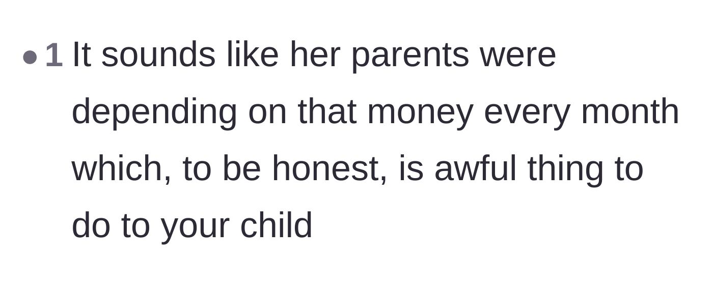Comment thread 5 - A commenter pointing out the tragedy of parents relying financially on their child.