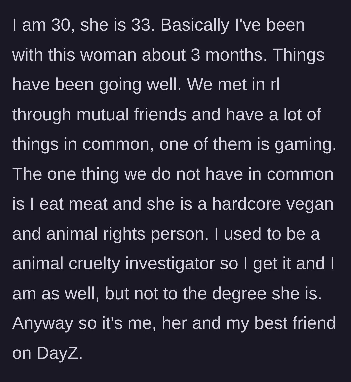Story part 1 - Introduction to the 30-year-old male gamer and his 33-year-old strict vegan girlfriend playing DayZ.