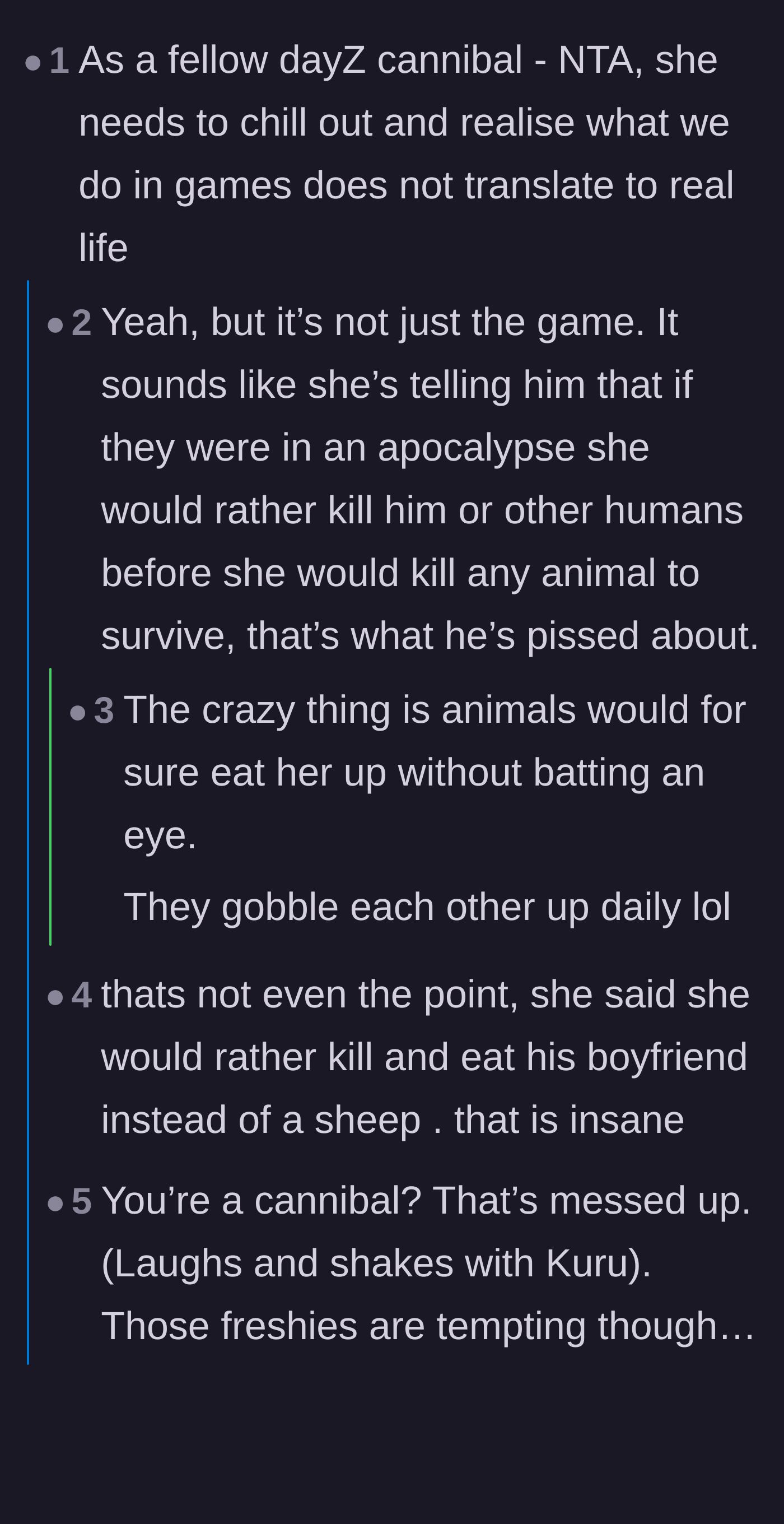 Comment thread 1 - A discussion on separating video game mechanics from real life and the brutal reality of the animal kingdom.