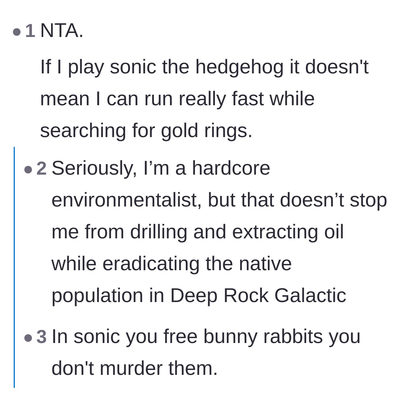 Comment thread 2 - A humorous comparison between playing Sonic the Hedgehog and real-world athletic abilities.