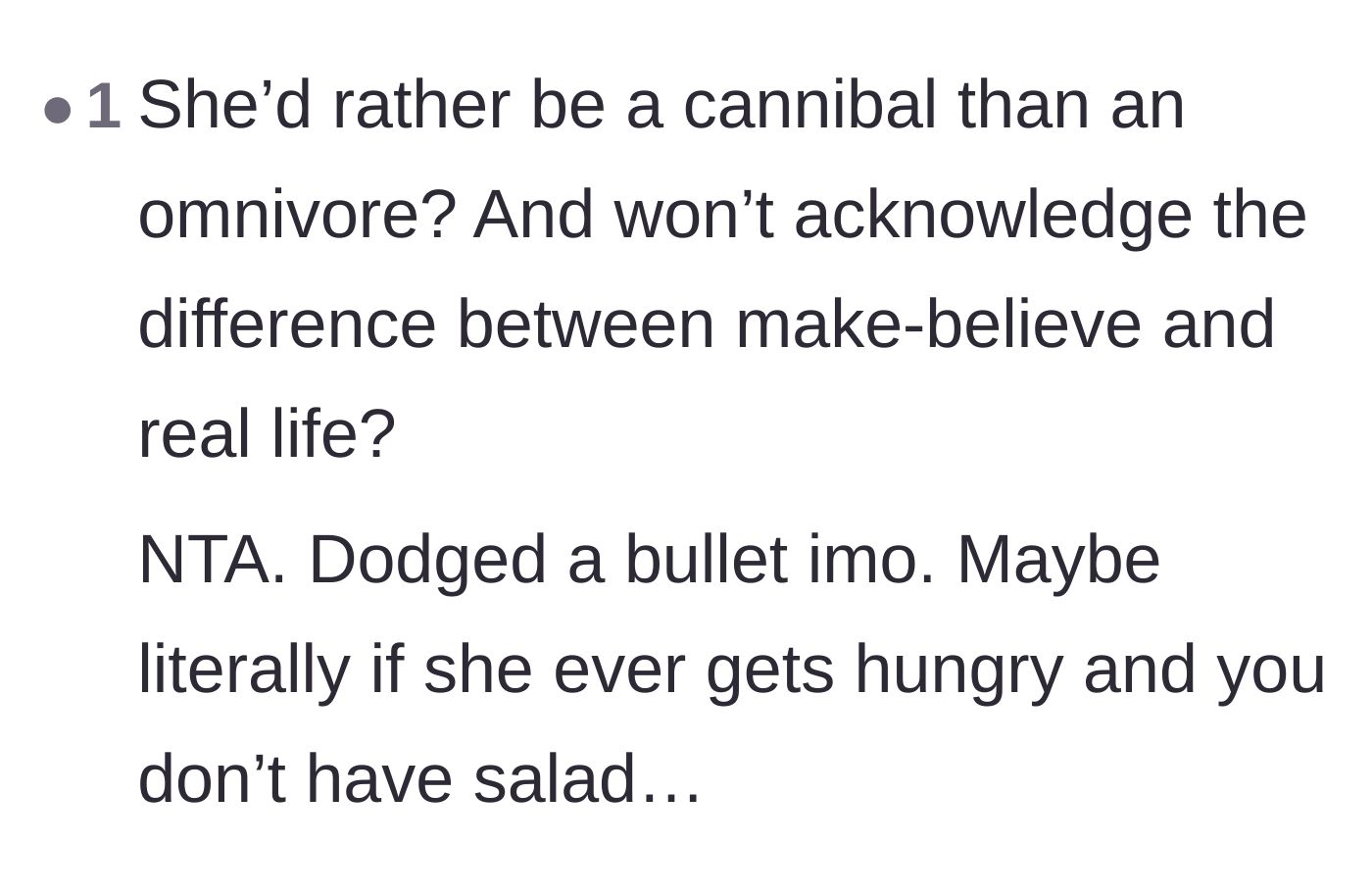 Comment thread 3 - Readers pointing out the hypocrisy of enthusiastically preferring cannibalism over an omnivorous diet.