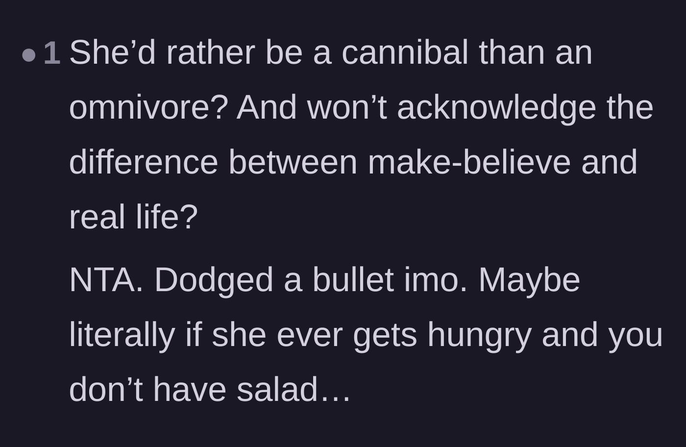Comment thread 3 - Readers pointing out the hypocrisy of enthusiastically preferring cannibalism over an omnivorous diet.