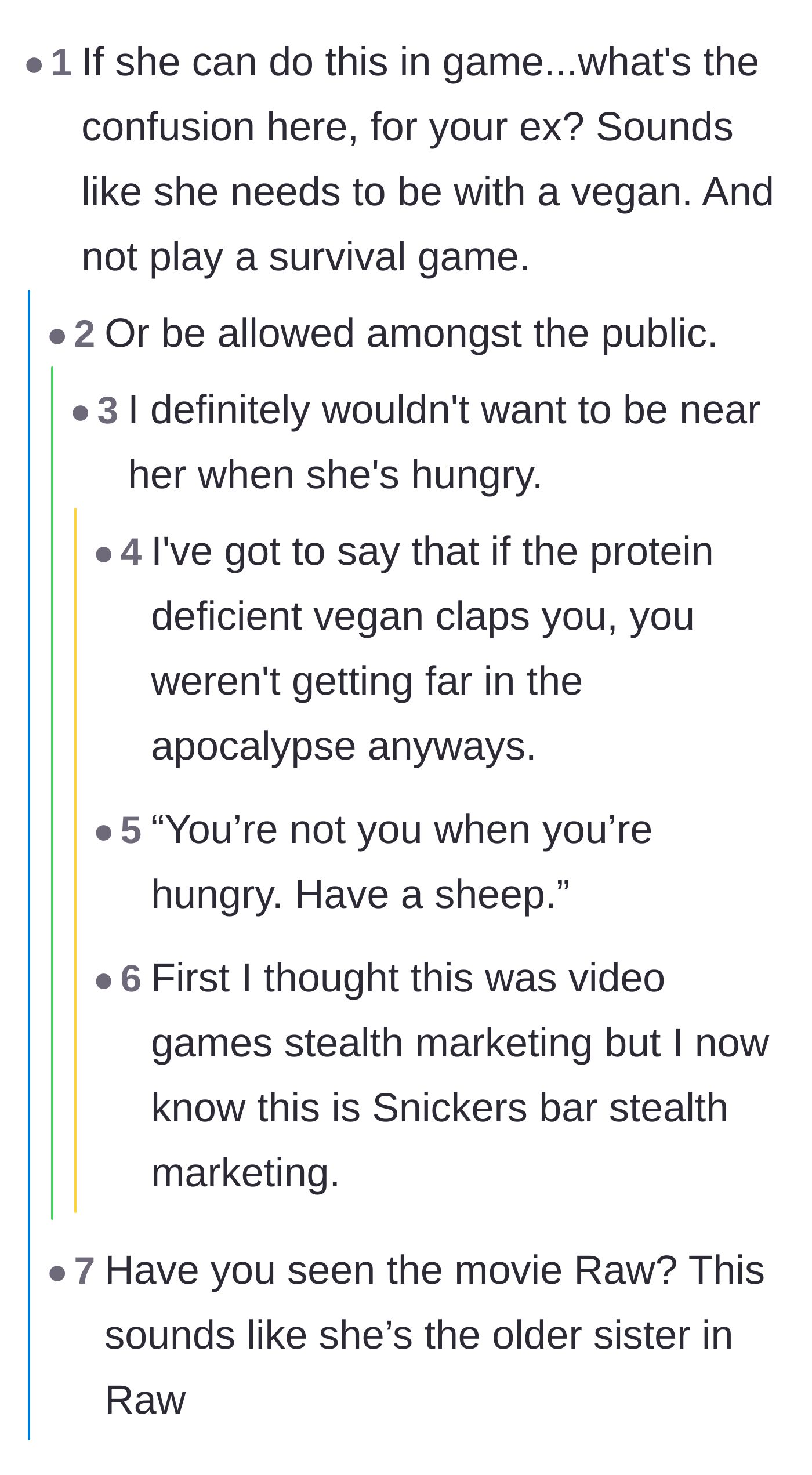 Comment thread 4 - Jokes about the girlfriend's dangerous hunger and needing to sleep in a chicken suit to survive her.