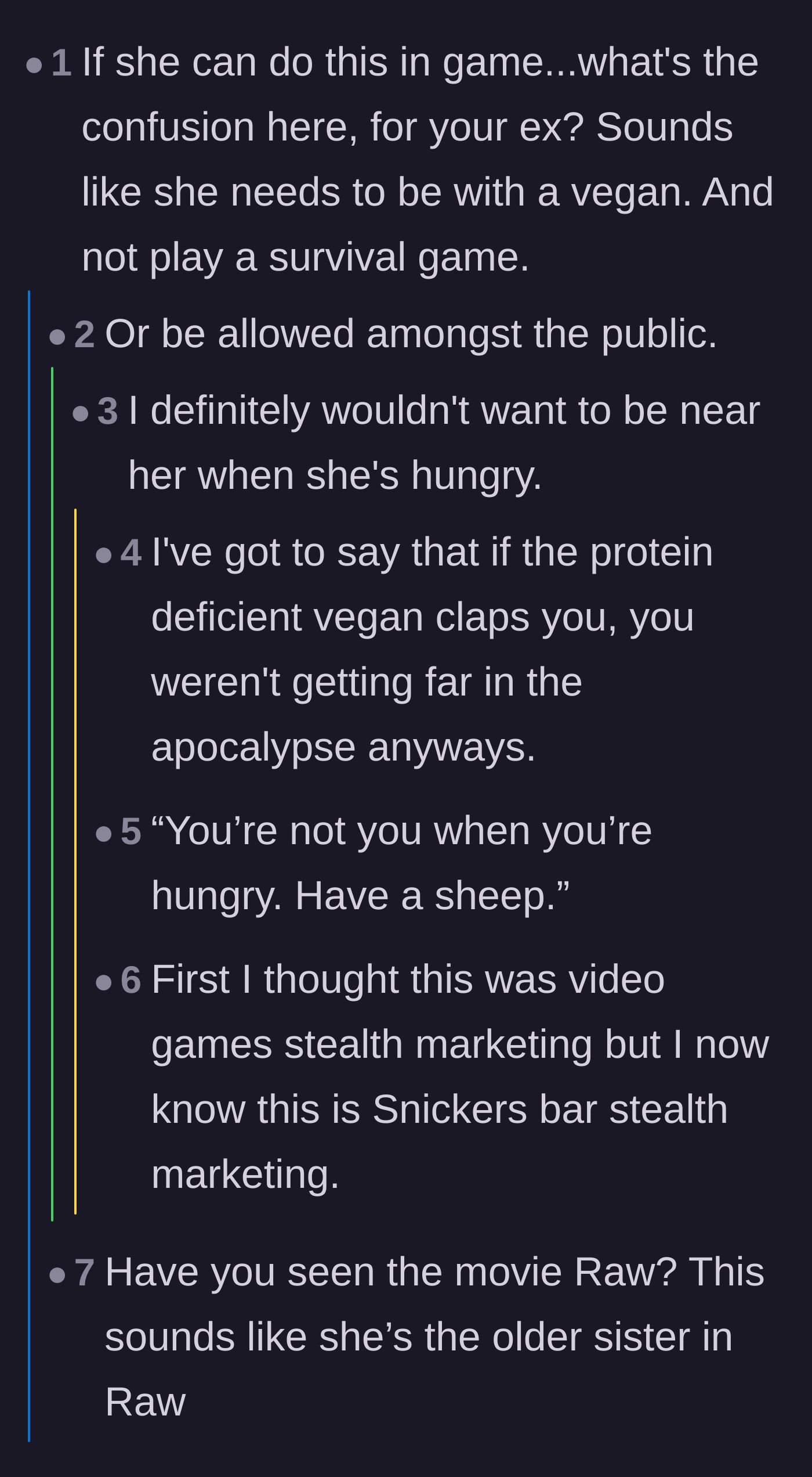 Comment thread 4 - Jokes about the girlfriend's dangerous hunger and needing to sleep in a chicken suit to survive her.