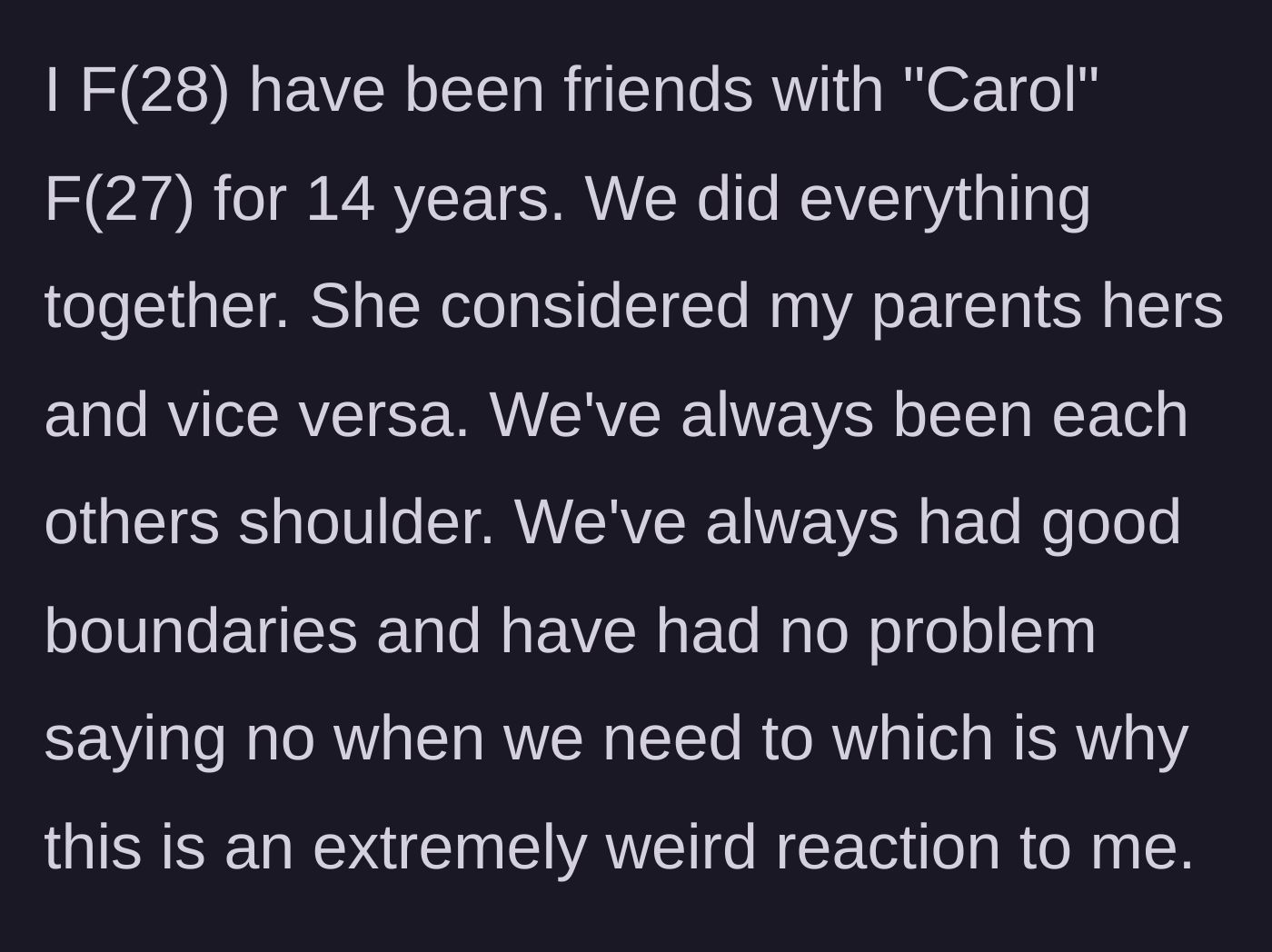 Story part 1 - Explaining the 14-year friendship and history of supposedly healthy boundaries.