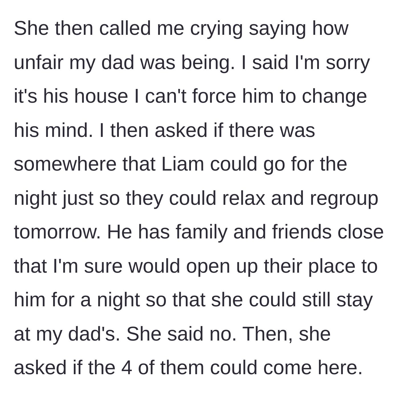 Story part 4 - Carol calls crying, rejects a sensible compromise, and demands all four of them stay at the main character's house instead.