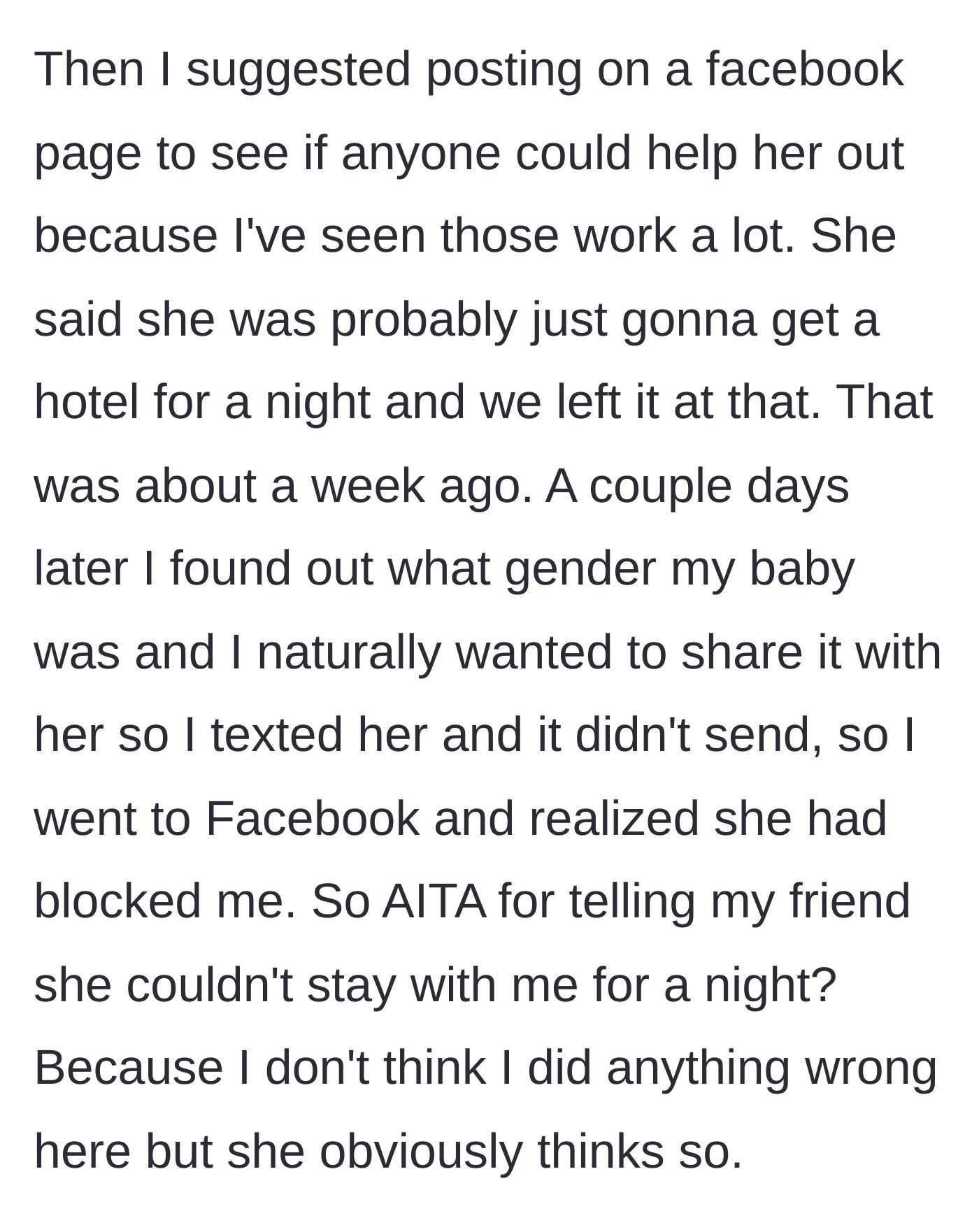 Story part 6 - The main character discovers she has been blocked on social media after trying to share her baby's gender.
