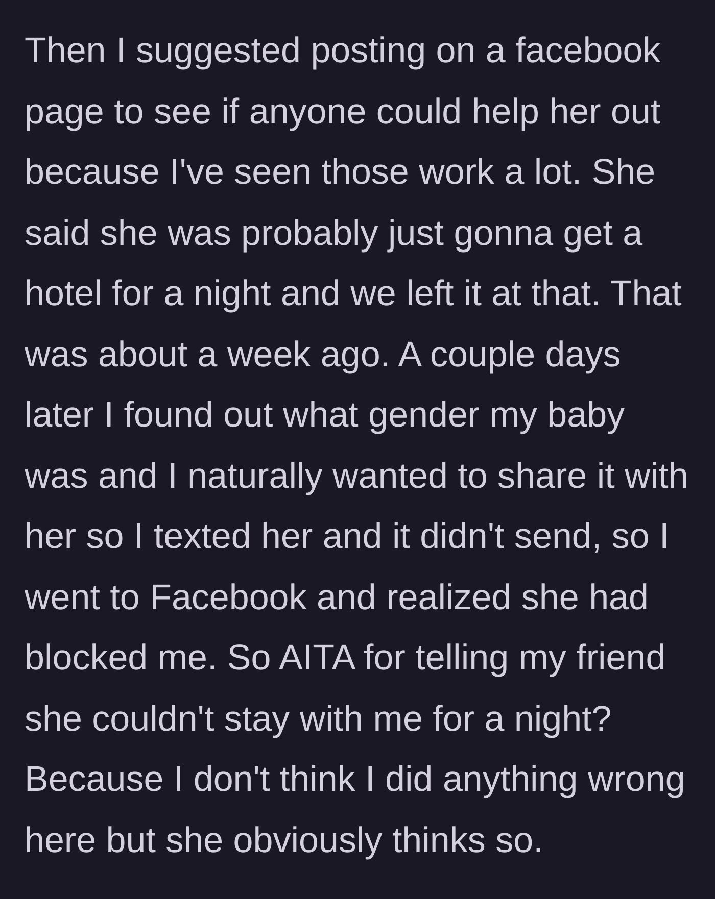 Story part 6 - The main character discovers she has been blocked on social media after trying to share her baby's gender.
