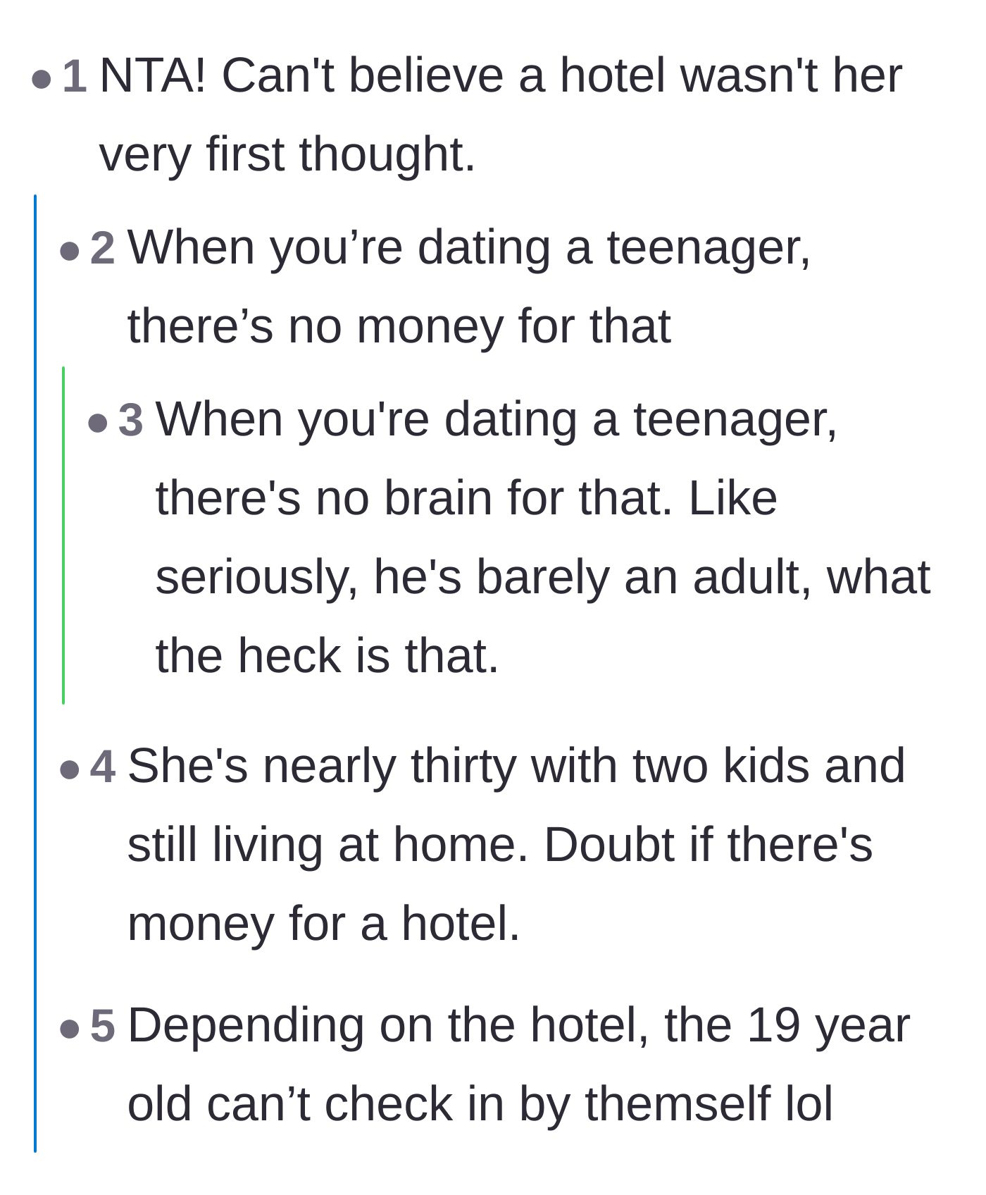 Comment thread 2 - Jokes about the teenage boyfriend being too young and broke to even book a hotel room.