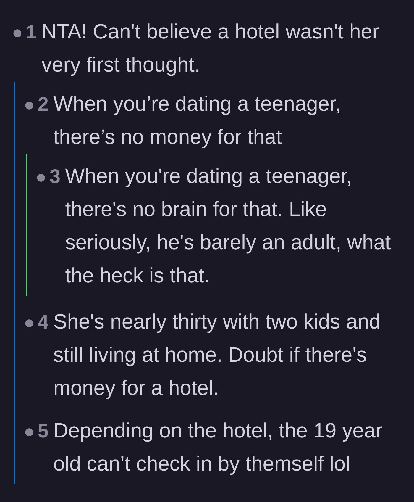 Comment thread 2 - Jokes about the teenage boyfriend being too young and broke to even book a hotel room.