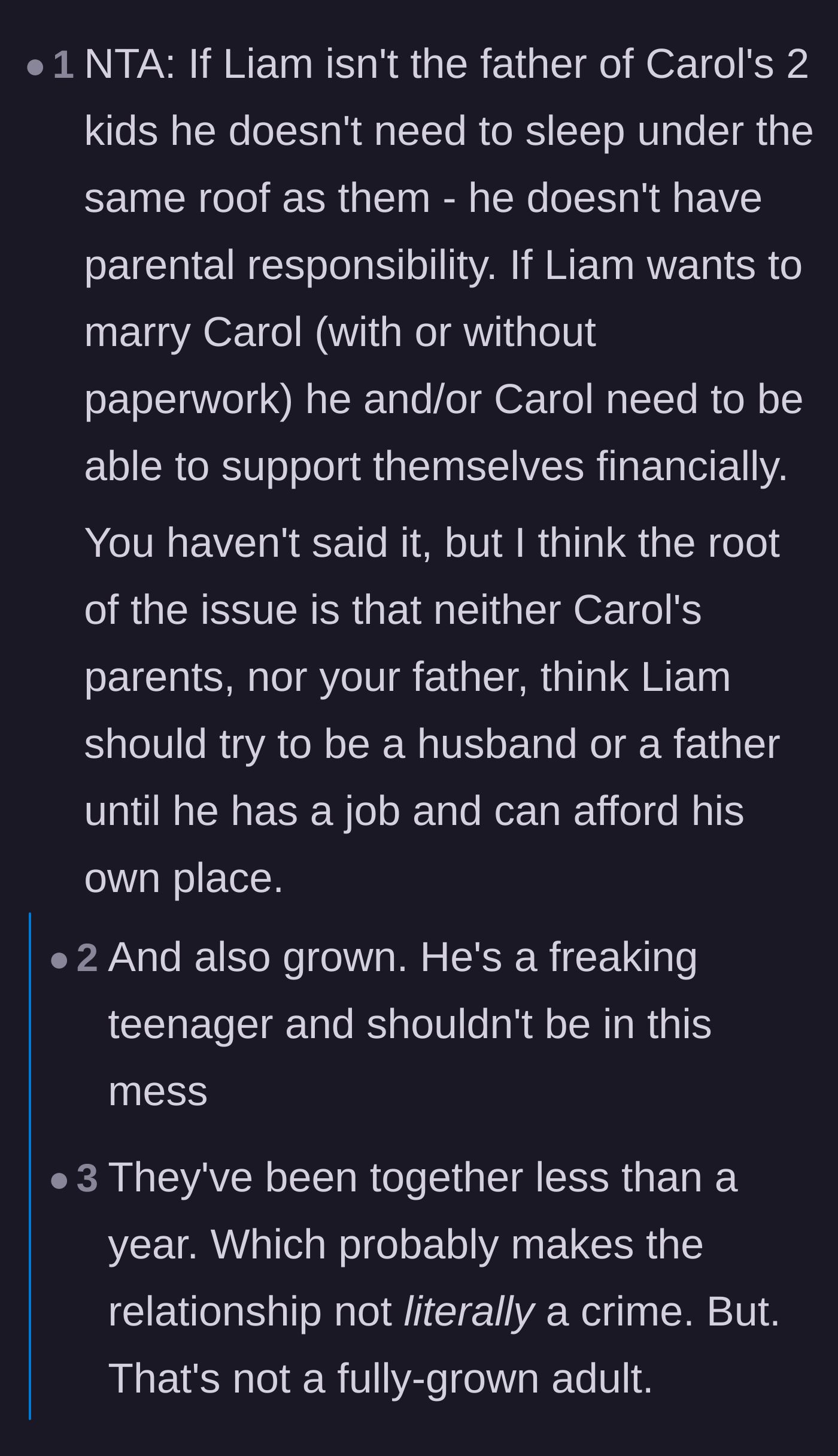 Comment thread 4 - Highlighting the boyfriend's lack of parental responsibility and financial stability.