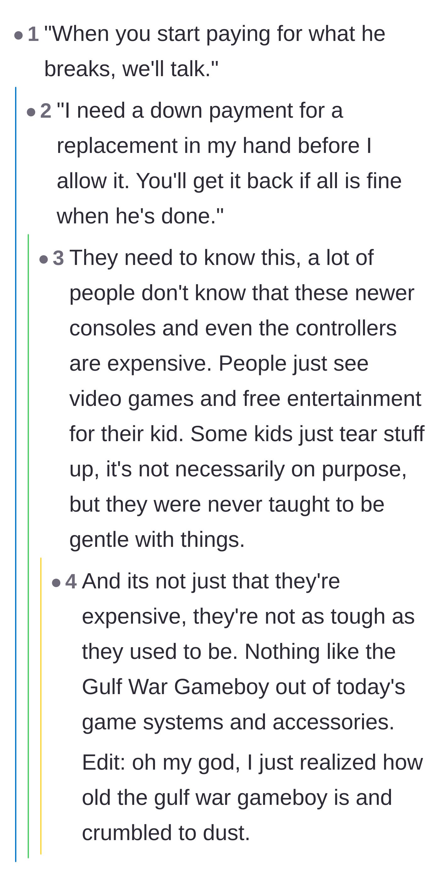 Comment thread 1 - Readers discussing the high cost and extreme fragility of modern gaming consoles, with some demanding replacement deposits.
