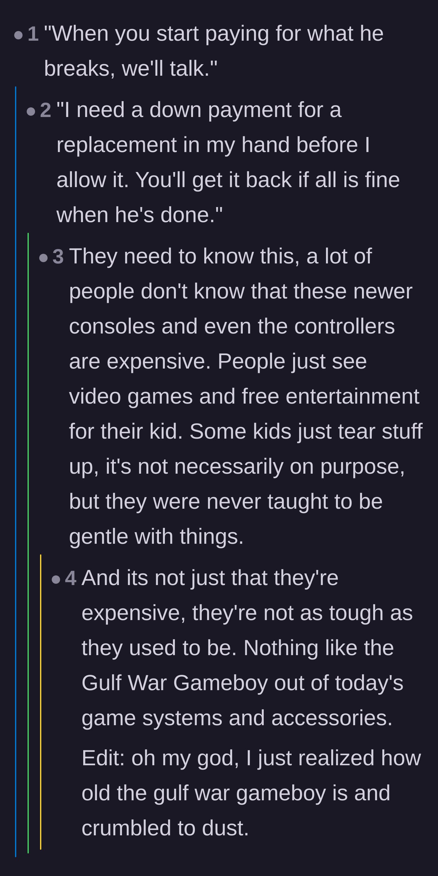Comment thread 1 - Readers discussing the high cost and extreme fragility of modern gaming consoles, with some demanding replacement deposits.