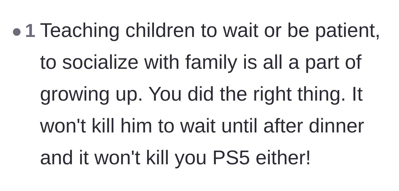 Comment thread 2 - A comment emphasizing that learning patience and socializing at family dinners is a normal and necessary part of growing up.