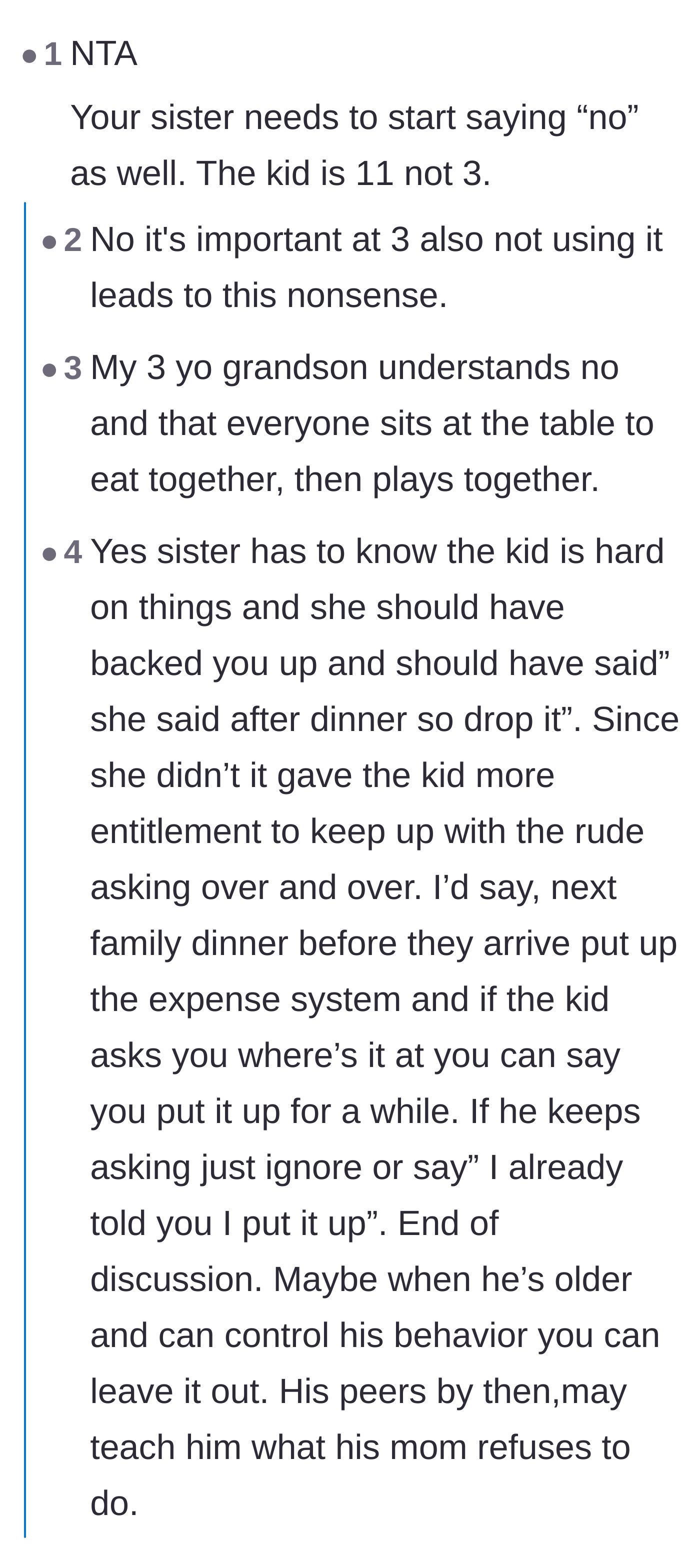 Comment thread 3 - A discussion about how the mother's refusal to say 'no' actively enables her son's repetitive and demanding behavior.