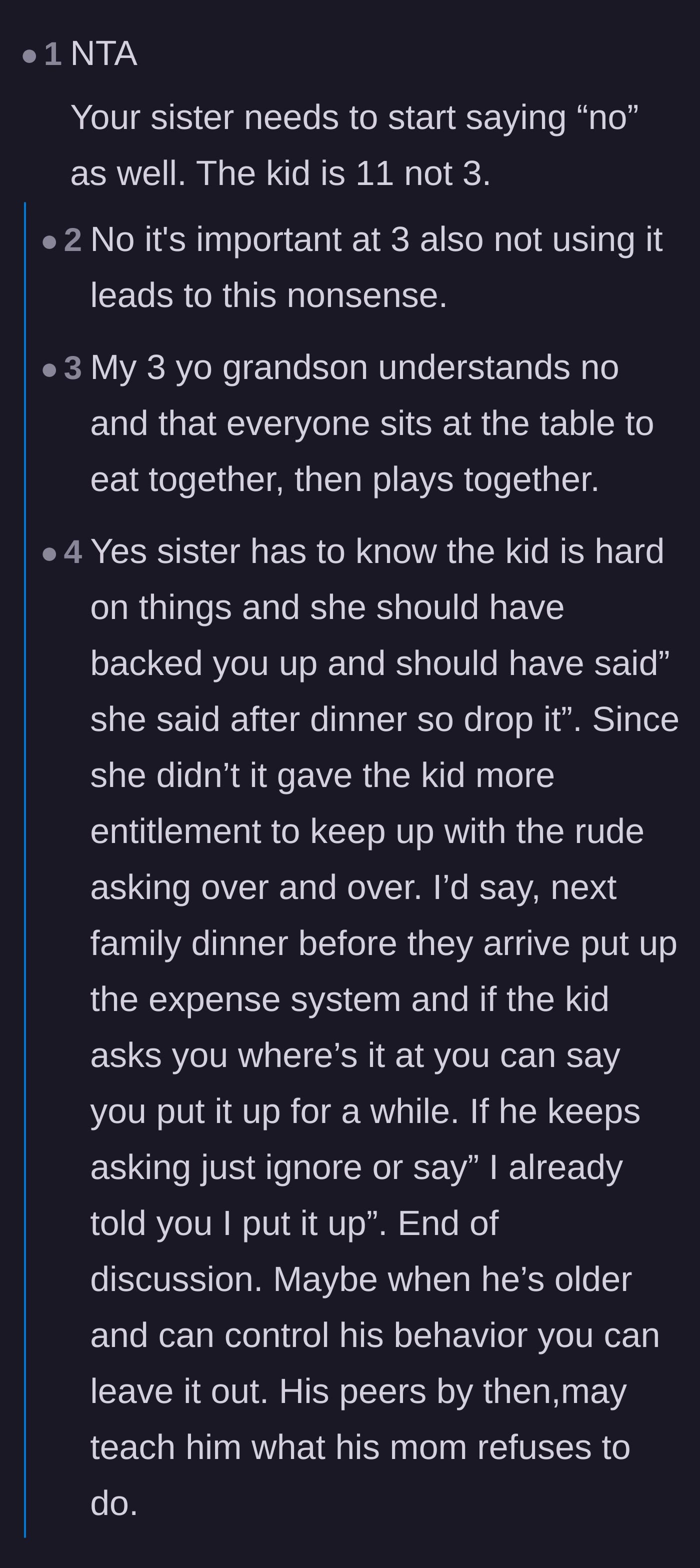 Comment thread 3 - A discussion about how the mother's refusal to say 'no' actively enables her son's repetitive and demanding behavior.