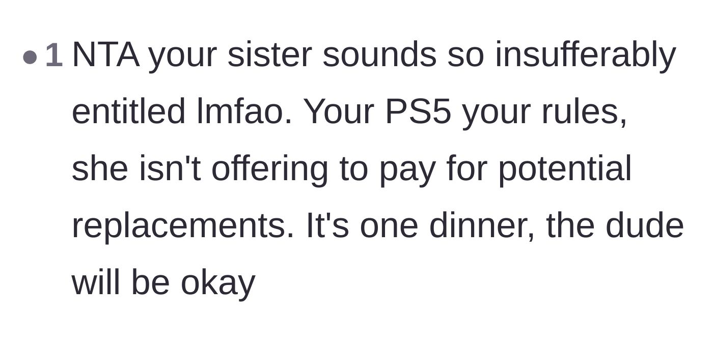 Comment thread 6 - A reader calling out the sister's entitled attitude and defending the aunt's right to set rules for her own expensive property.