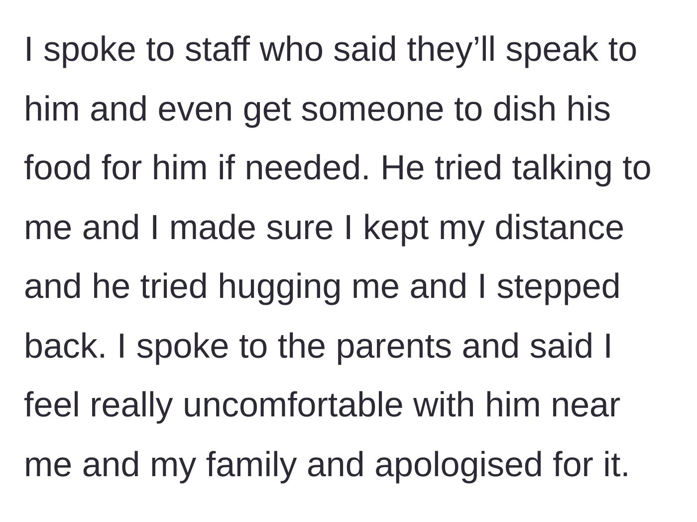 Story part 2 - The main character alerts hotel staff about the hygiene issue, physically steps away from the child's attempted hugs, and politely informs the parents of their discomfort.