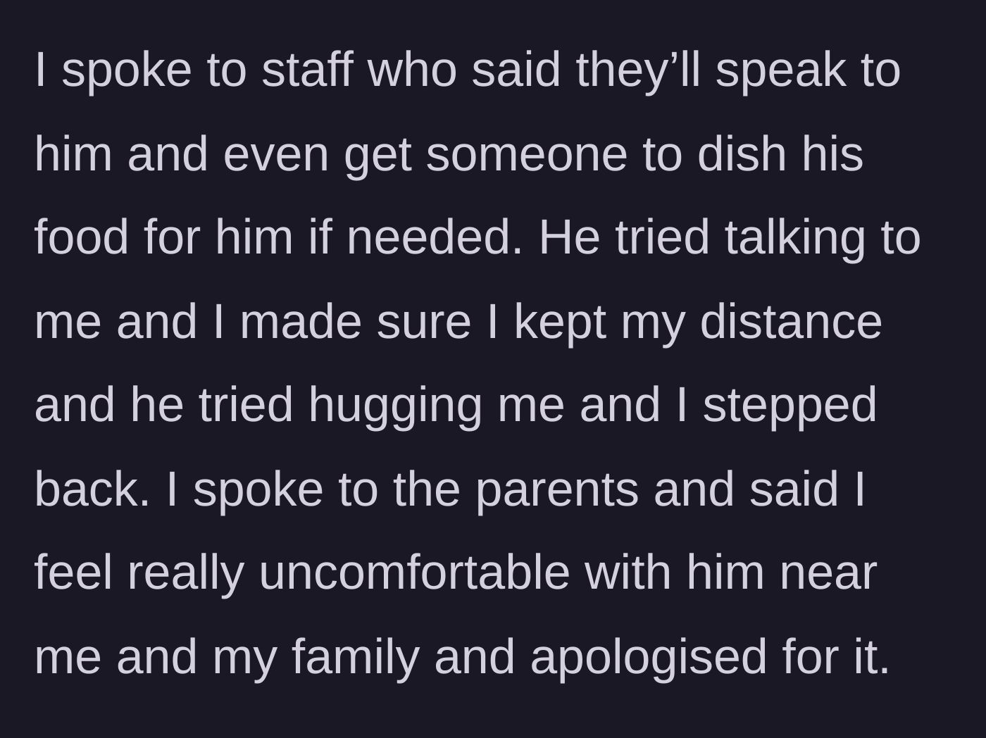 Story part 2 - The main character alerts hotel staff about the hygiene issue, physically steps away from the child's attempted hugs, and politely informs the parents of their discomfort.