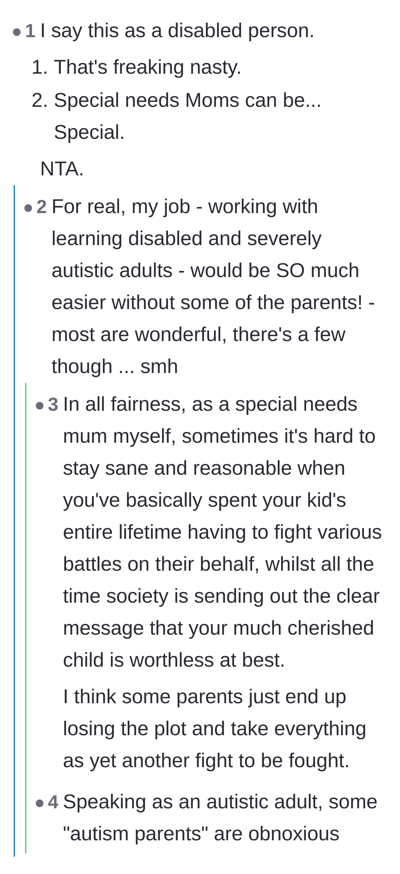 Comment thread 3 - Special needs caregivers and parents discussing the toxic minority of enabler parents.
