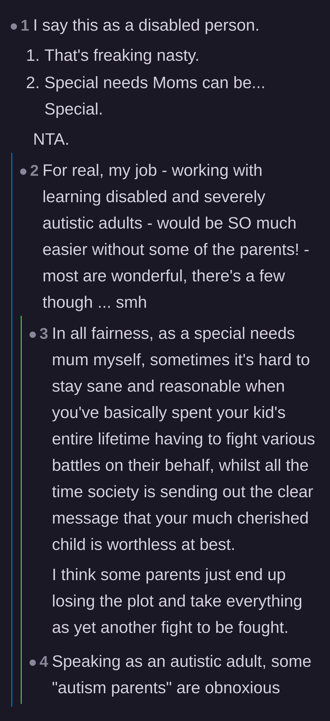 Comment thread 3 - Special needs caregivers and parents discussing the toxic minority of enabler parents.