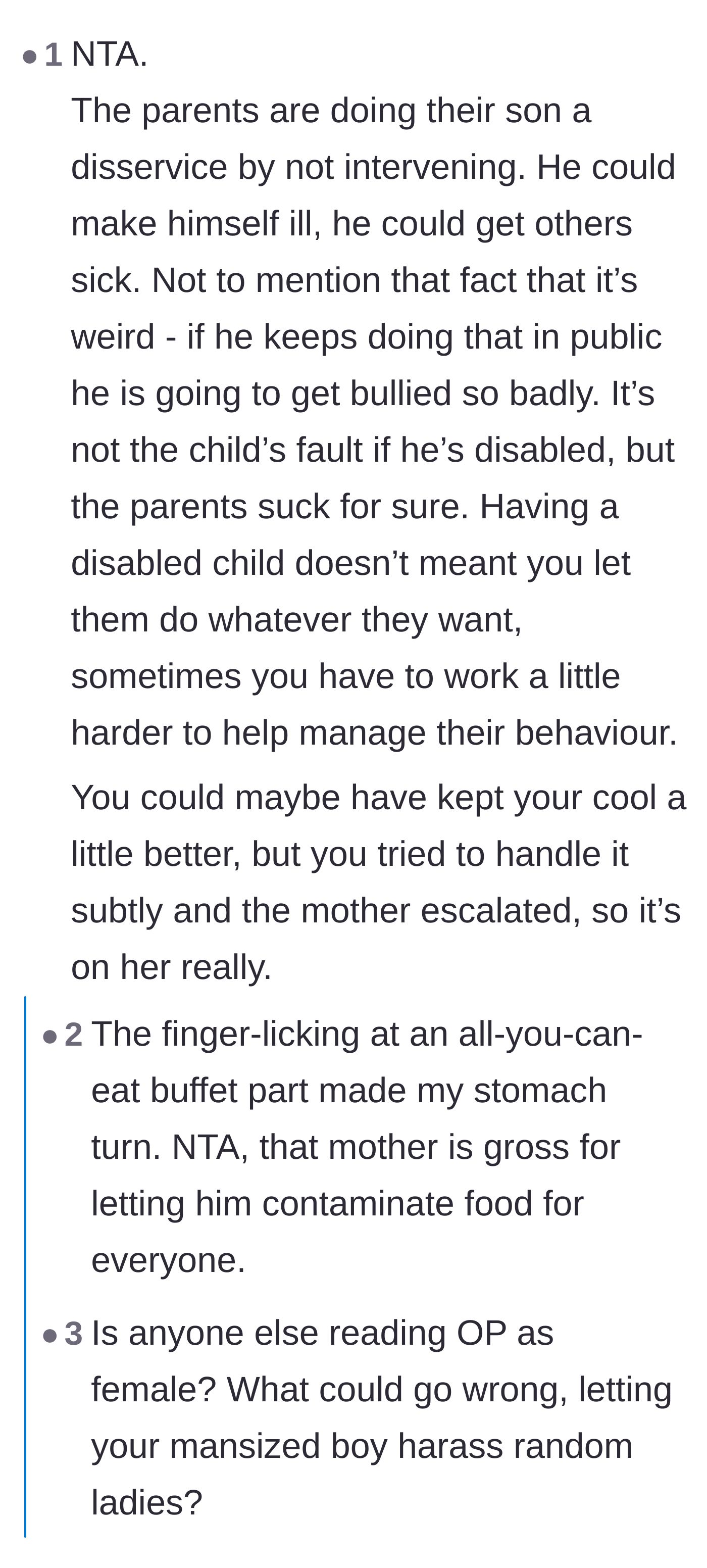 Comment thread 5 - Debate over the hotel's liability and the long-term disservice the parents are doing to their son.