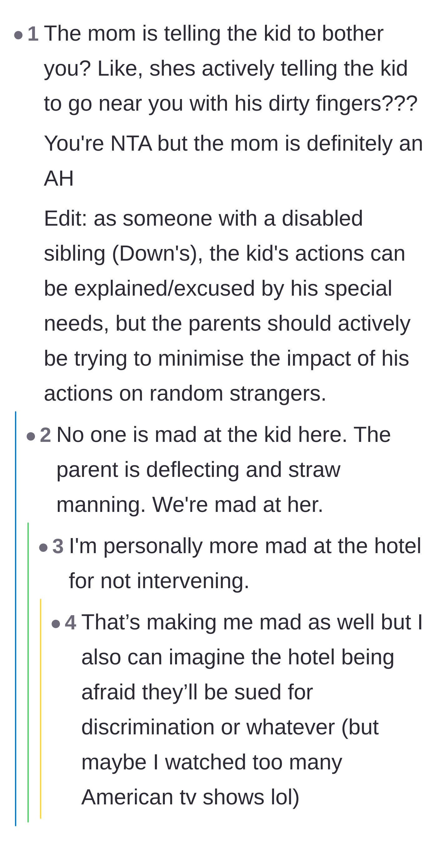 Comment thread 6 - Outrage over the mother actively instructing her child to harass the main character.