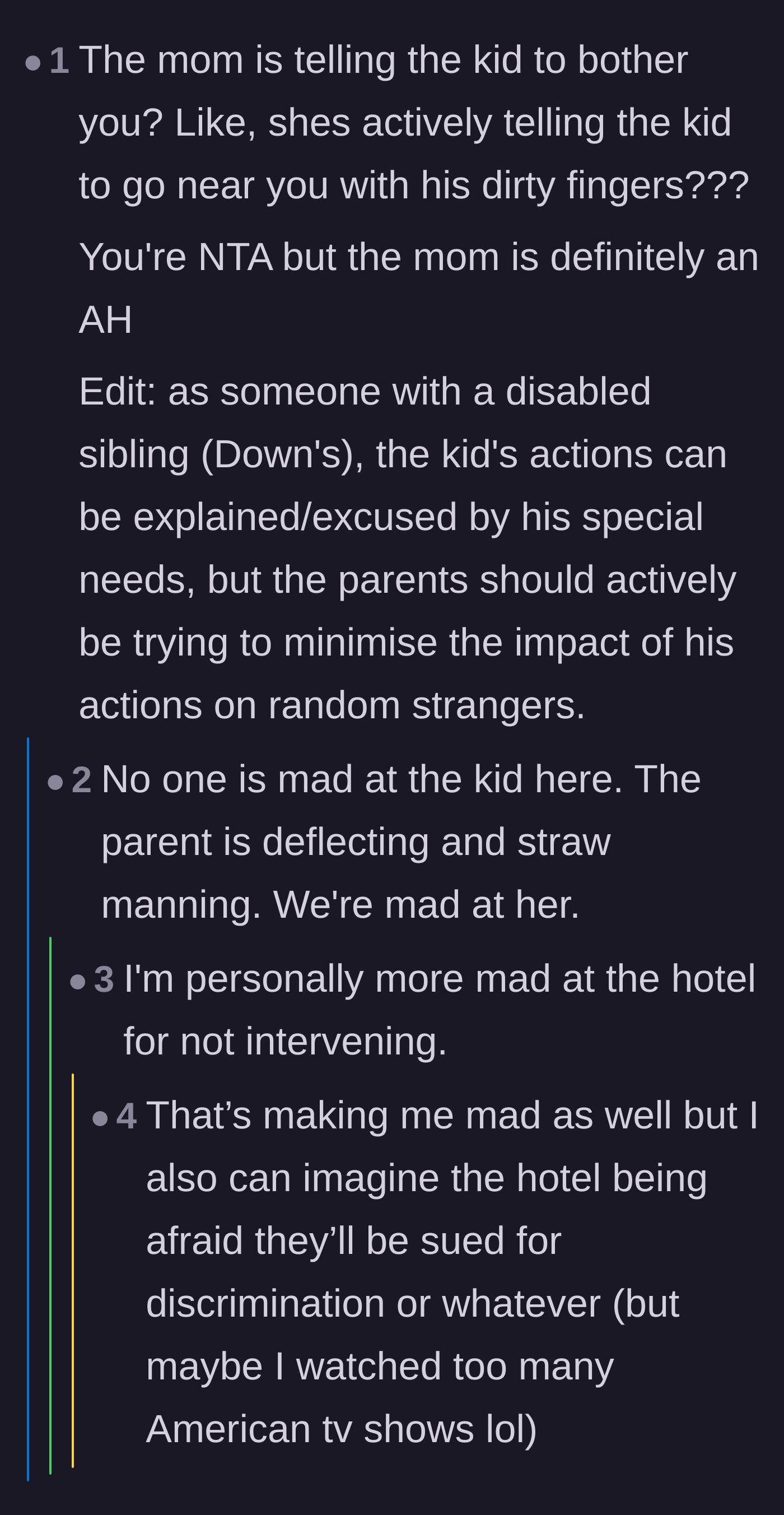 Comment thread 6 - Outrage over the mother actively instructing her child to harass the main character.