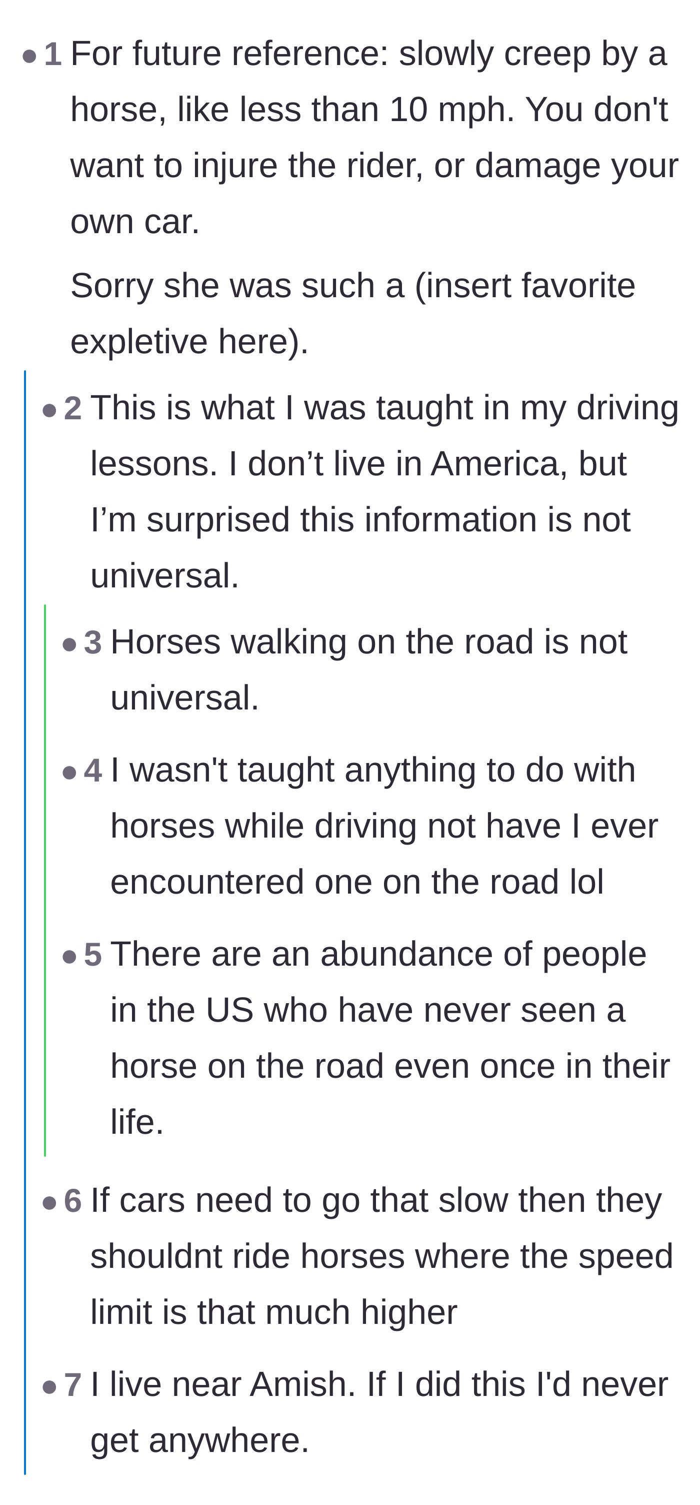 Comment thread 1 - A debate on whether driving rules around horses are universal knowledge or highly regional.