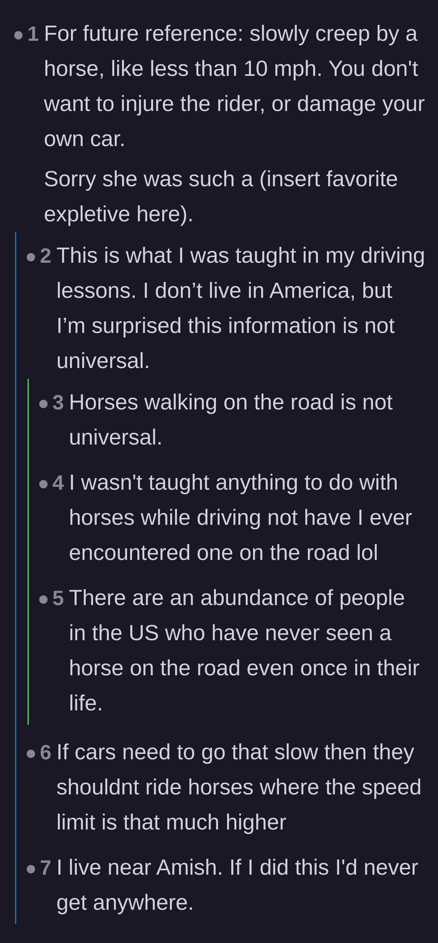Comment thread 1 - A debate on whether driving rules around horses are universal knowledge or highly regional.