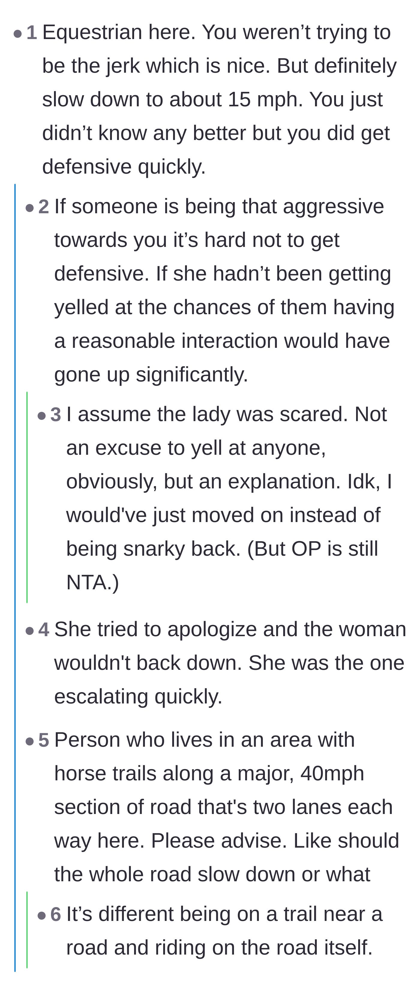 Comment thread 2 - An equestrian validating the driver's attempt while condemning the rider's defensive hostility.
