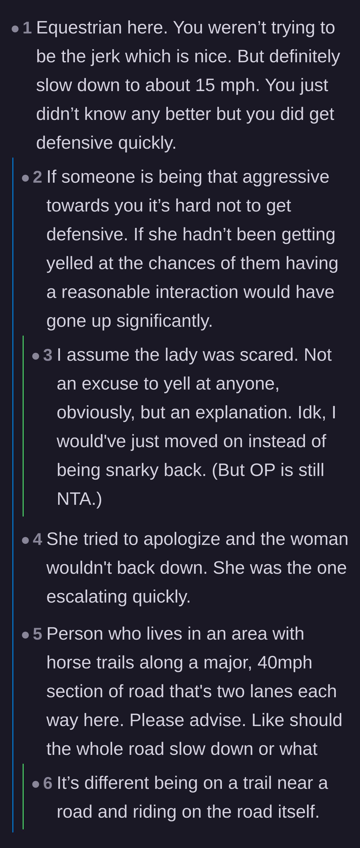 Comment thread 2 - An equestrian validating the driver's attempt while condemning the rider's defensive hostility.