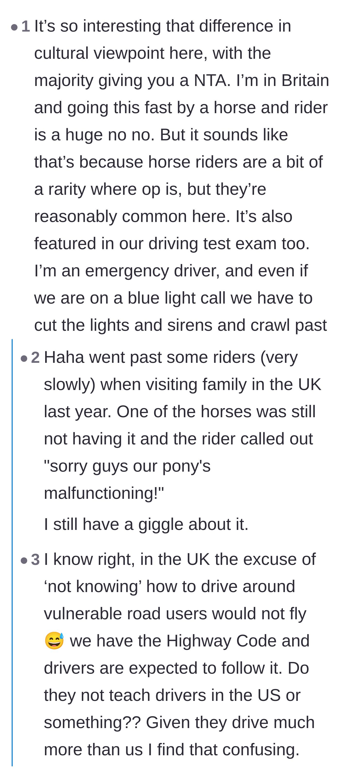 Comment thread 3 - A discussion highlighting the cultural driving differences between the UK and the US regarding horses.